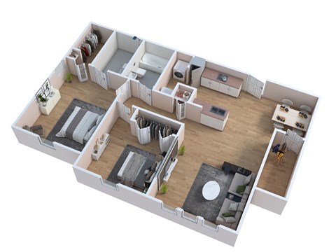 A 3D floor plan of a house with a kitchen, living room, and two bedrooms.